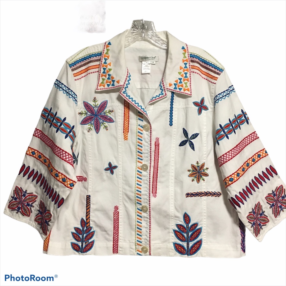 BOHO INDIE JACKET EMB XL COLDWATER CREEK MULTI COLOR ARTSY ON WHITE Primary co…